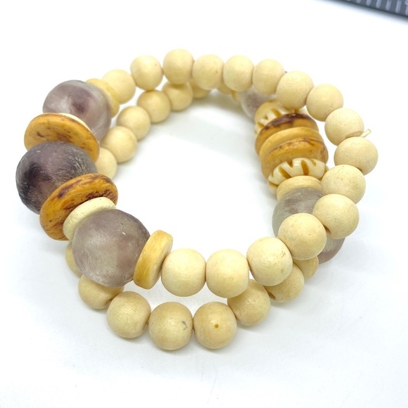 Boho Wood and Natural Beads Stretch Bracelet Pair - Picture 2 of 6